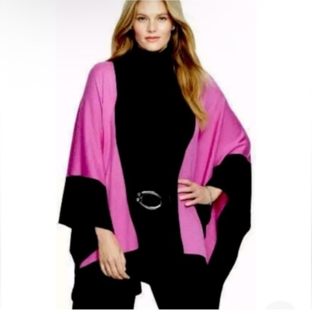 Lauren Ralph Lauren Purple‎ Grey Colorblock Wool Blend Poncho Shawl L/XL